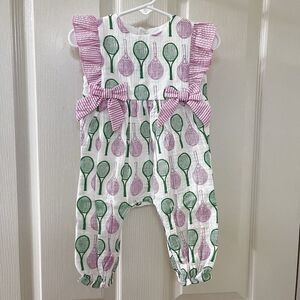 Mud Pie Tennis Print Longall Romper Jumpsuit Pink Green Girls SZ 3-6 Months NWT